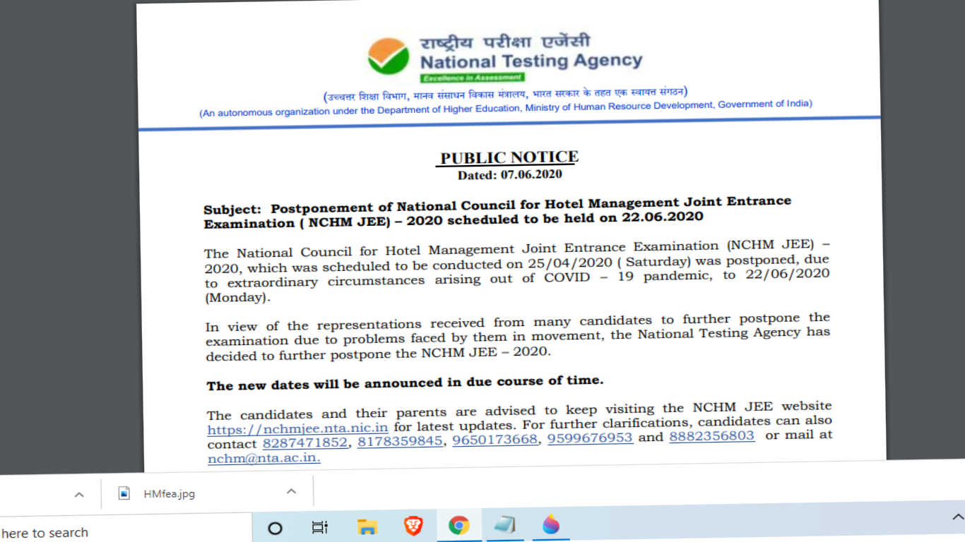 NCHM JEE 2020 exam