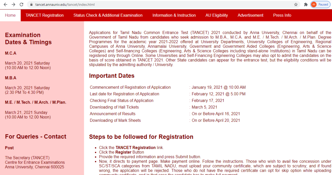 TANCET 2021 exam