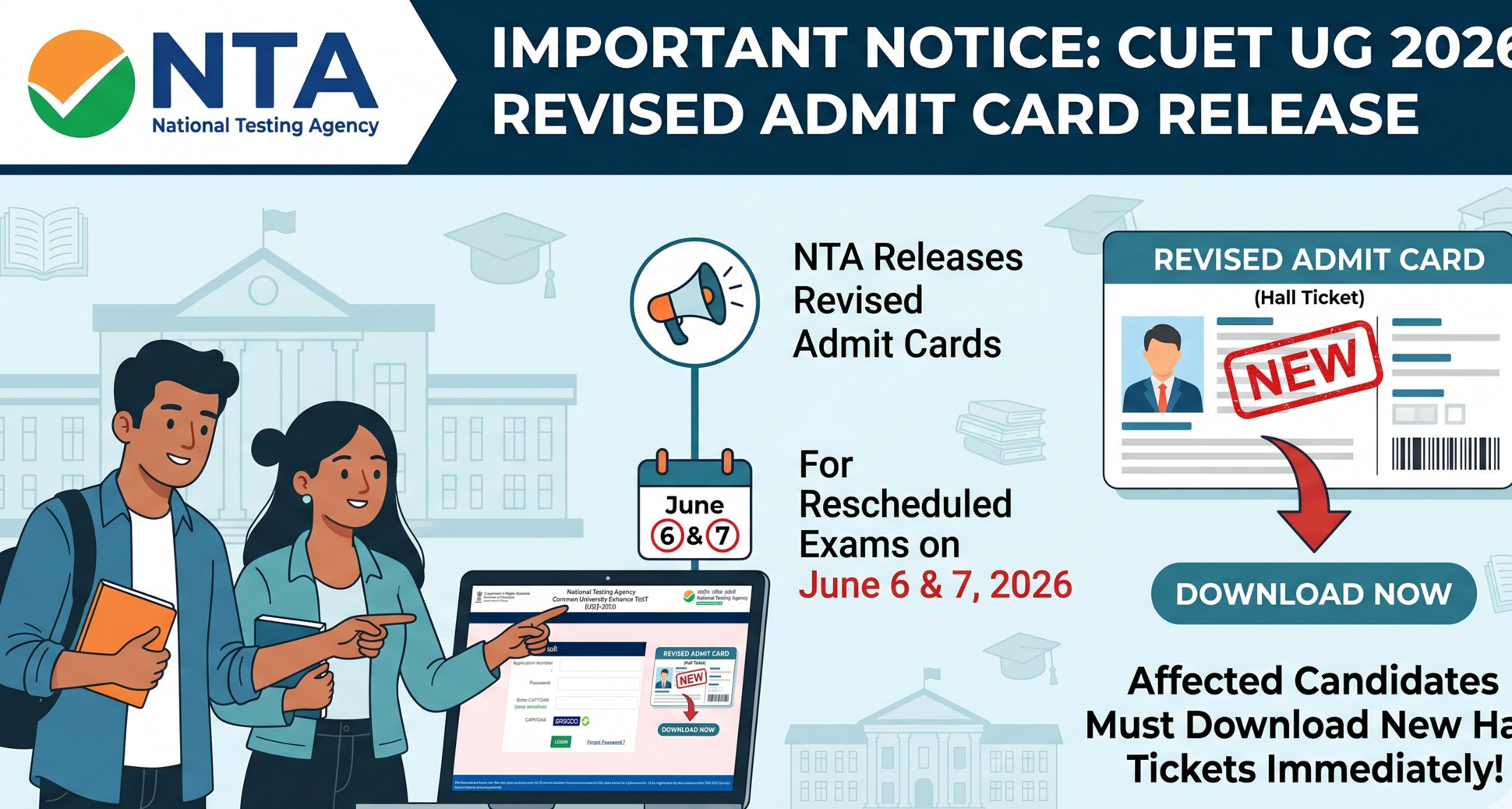 CUET UG Rescheduled Exam Admit Card 2026 — Complete Guide: Dates, Symbols, Eligibility & Download Steps