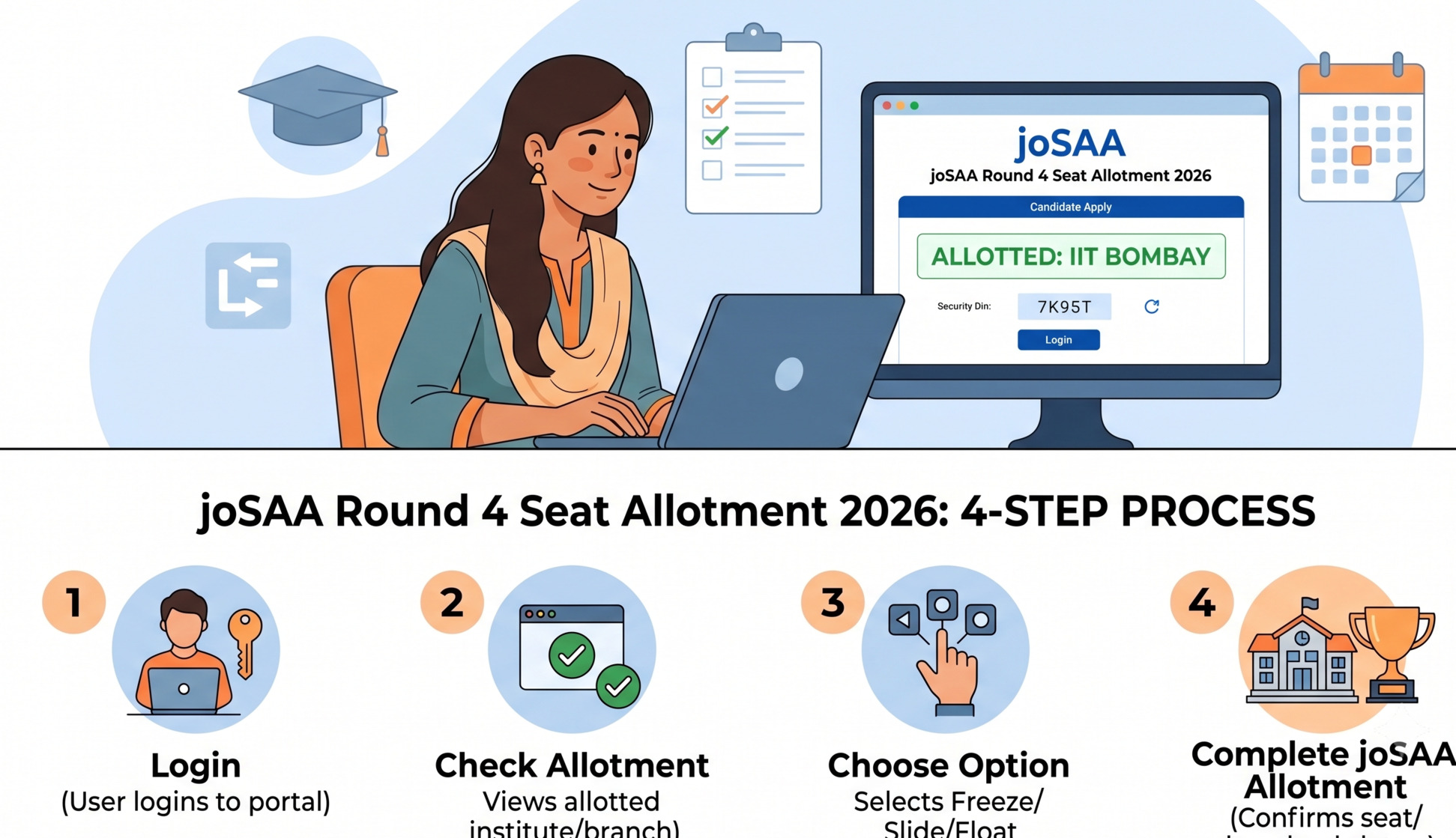 JoSAA Round 4 seat allotment 2026 is live at josaa.nic.in. Get IIT/NIT cutoffs, eligibility, freeze-float-slide guide