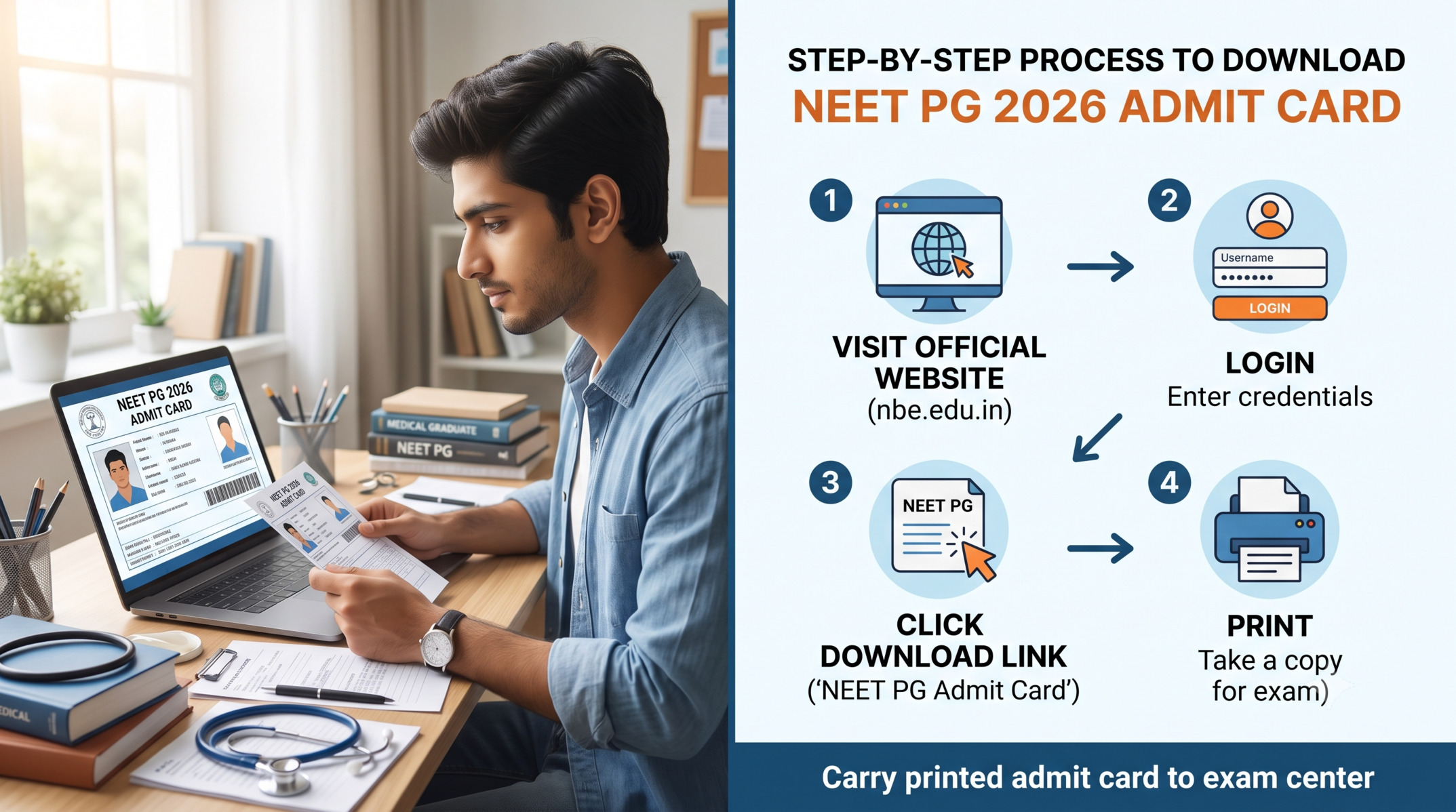 NEET PG 2026 admit card is live at natboard.edu.in. Get the exam date, login steps, eligibility rules, and documents