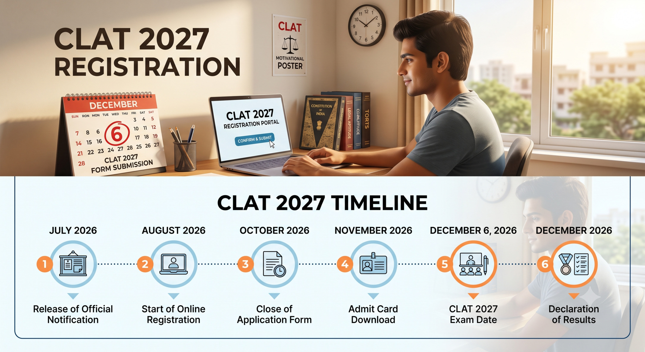 CLAT 2027 registration is open at consortiumofnlus.ac.in. Get exam date (Dec 6), eligibility, fees, syllabus,