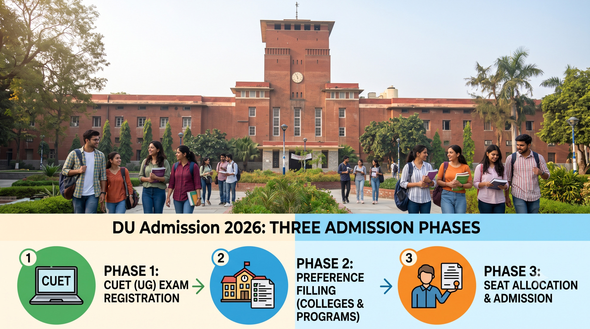 DU Admission 2026 guide – CSAS dates, eligibility, cutoff trends, fees, and application steps for UG & PG courses at Delhi University.