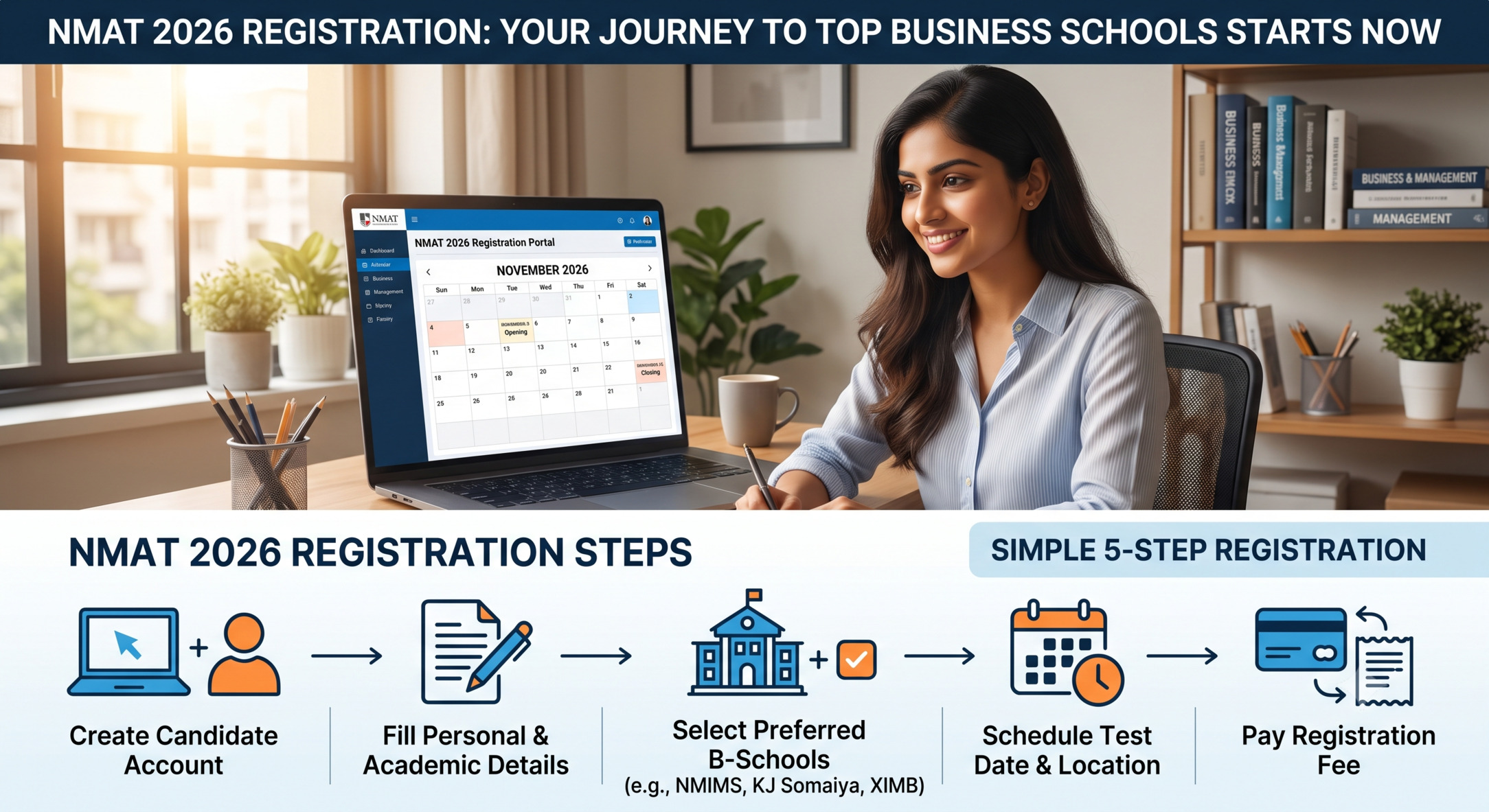 NMAT 2026 registration begins August 20, exam runs Nov 2–Dec 20. Get dates, fees, eligibility, and a step-by-step
