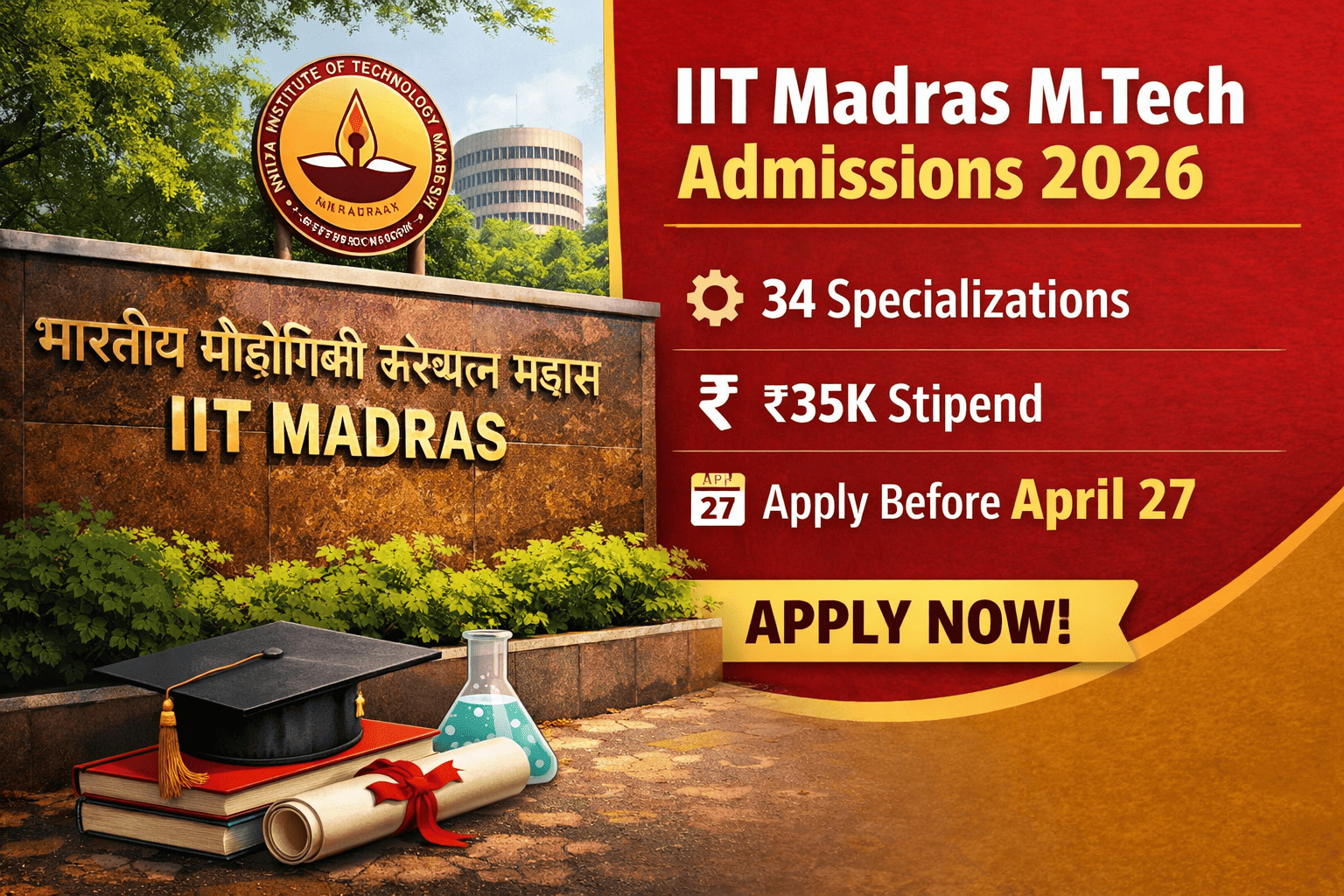 IIT Madras MTech Admission 2026: 34 Specializations, ₹35K Stipend, Apply Before April 27