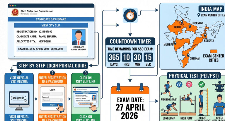 SSC GD Constable Exam City Details 2026. Exam runs from 27 April to 30 May 2026. Check your exam center before the admit card is released.