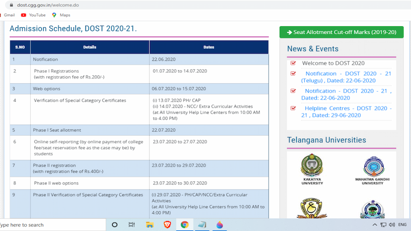 TS DOST 2020 registration