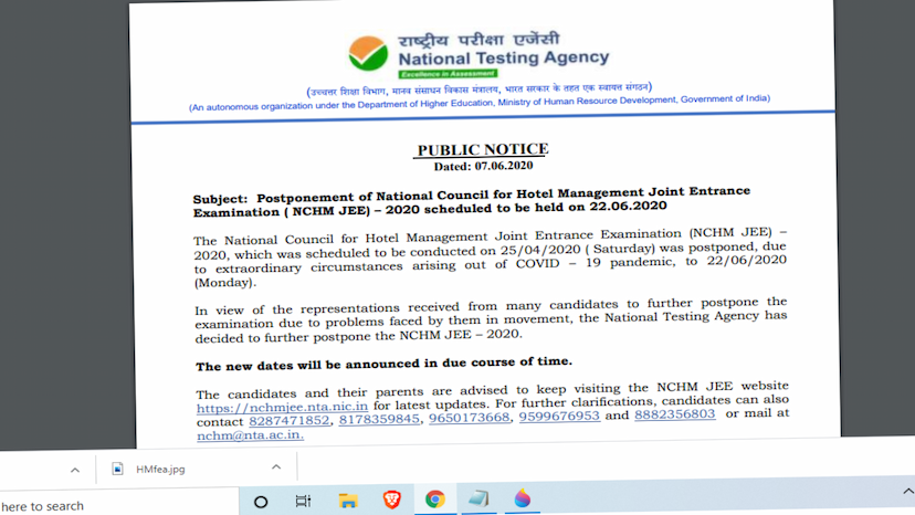 NCHM JEE 2020 exam