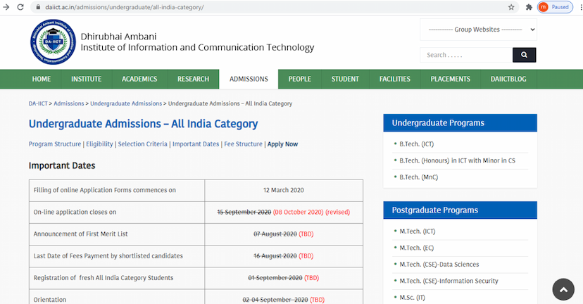 DAIICT BTech admission 2020