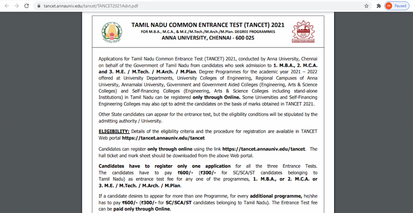 TANCET 2021 exam
