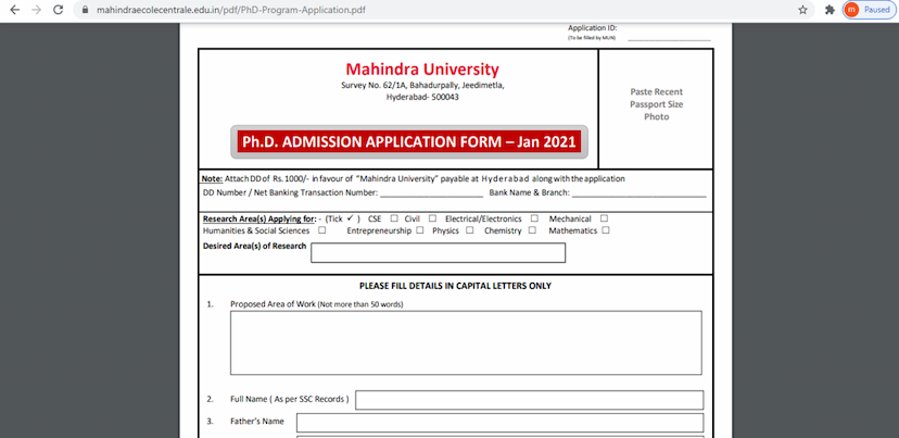 Mahindra University PhD admission