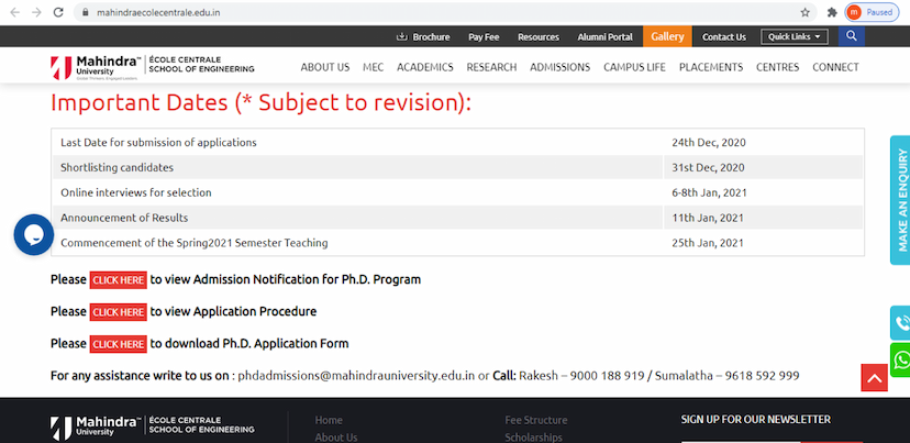 Mahindra University PhD admission