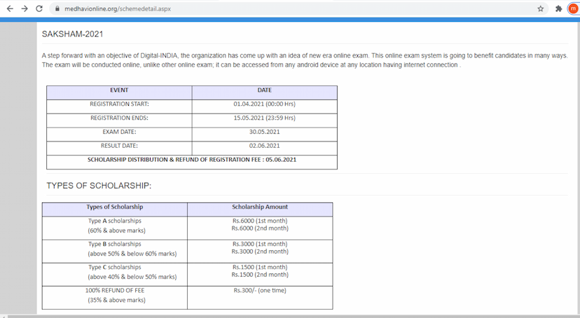 Saksham Scholarship Exam 2021