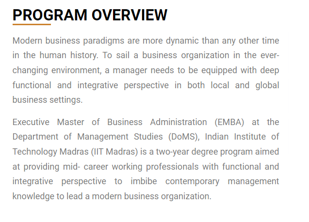 E MBA program at IIT Madras