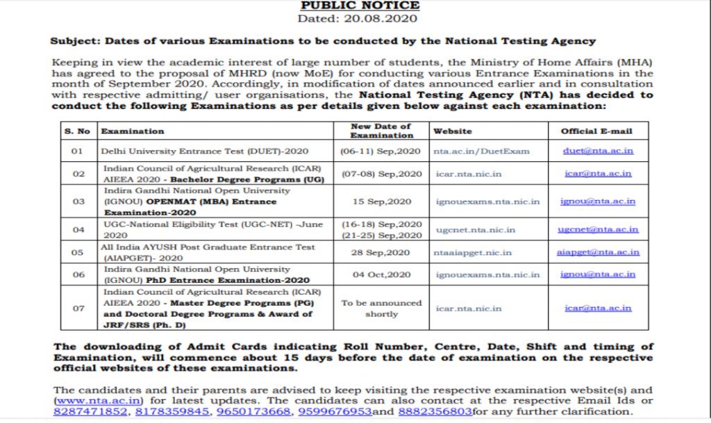 NTA Exams: Dates for various great tests are announced @2021
