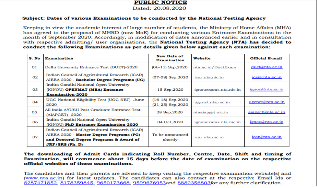 NTA Exams Dates for various great tests are announced 2021