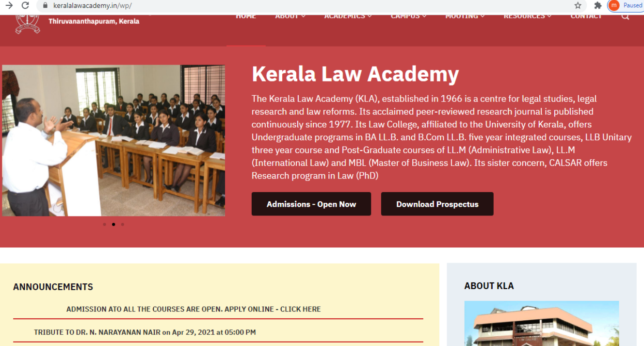 Kerala Law Academy For studying great law courses 2021