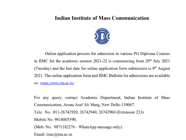 IIMC 2021 admission