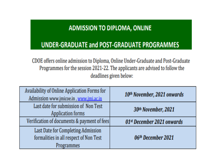 CDOE of JMI: Last date to apply is great 30 November